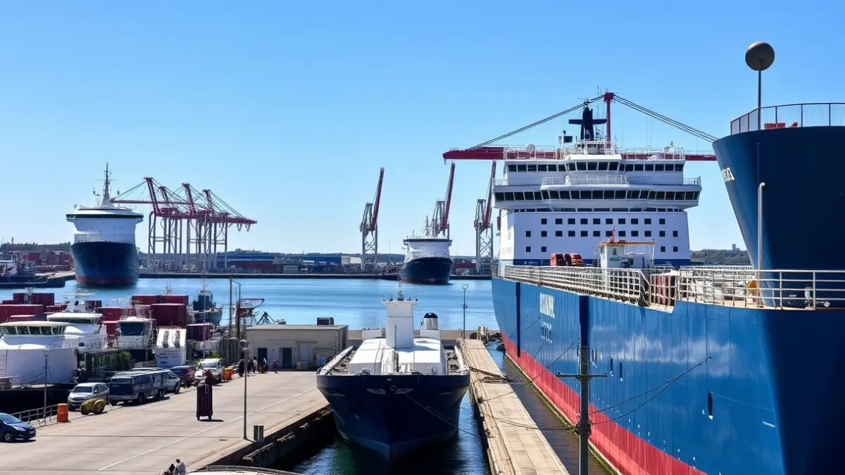Imaxe do porto da Coruña, con barcos e guindastres.