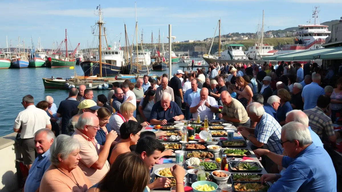 Imagen de una reunión de confraternidad en el puerto de Porto do Son, con mucha gente comiendo al aire libre.