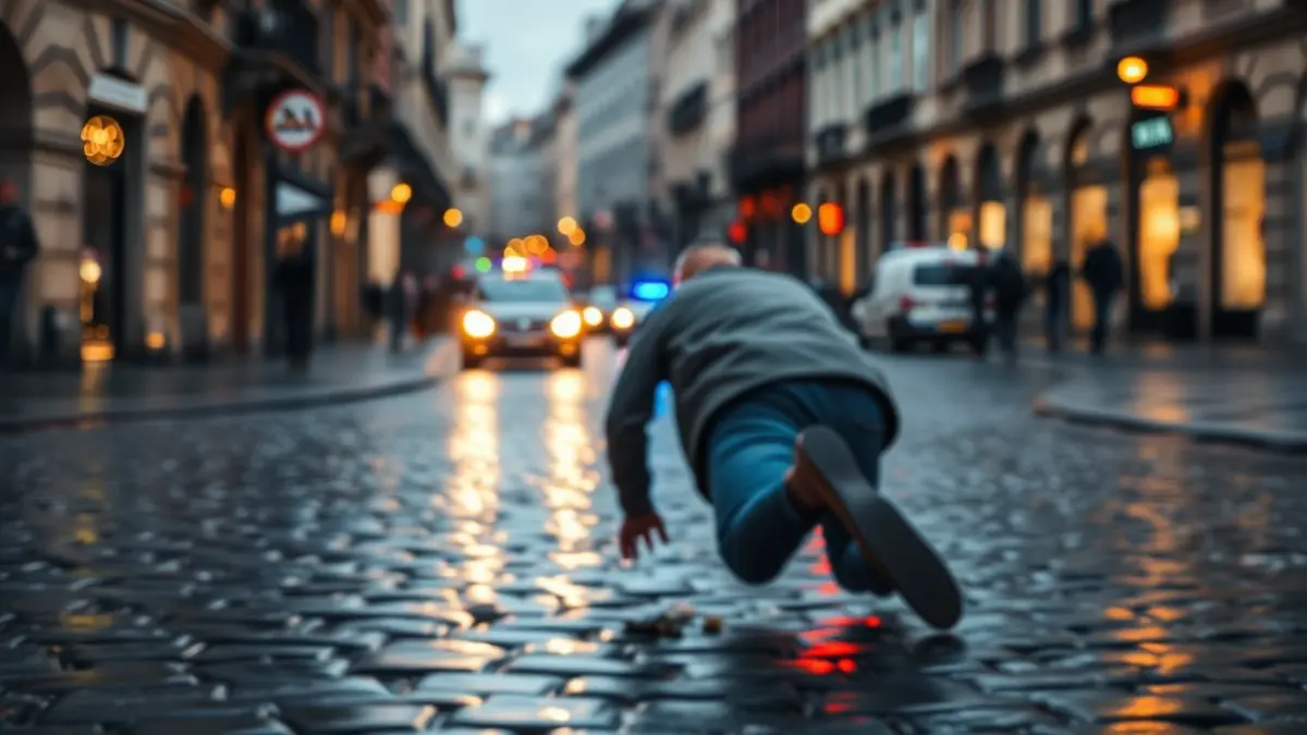 Imagen genérica de una persona cayendo en una calle empedrada.