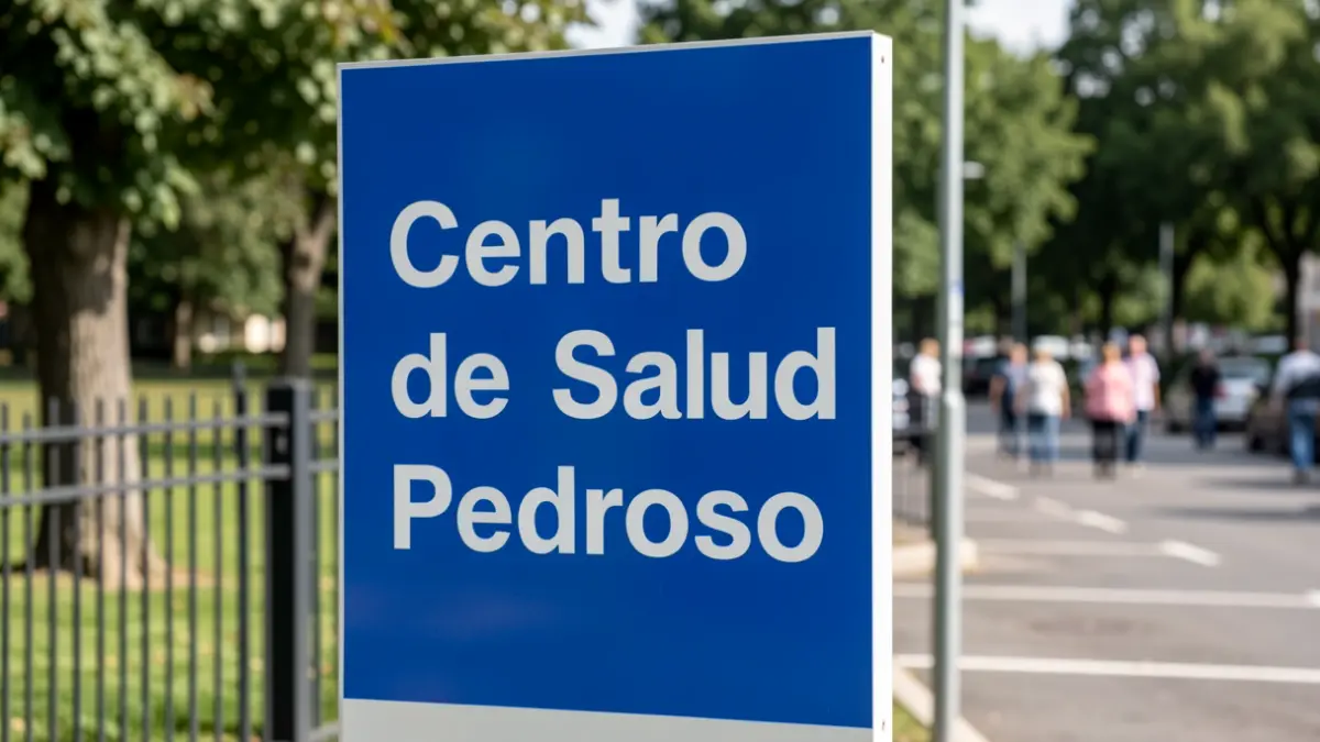 Primeira plana dun cartel azul e branco que indica 'Centro de Saúde Pedroso' cun fondo desfocado dun valado de parque e algunhas prazas de aparcamento.