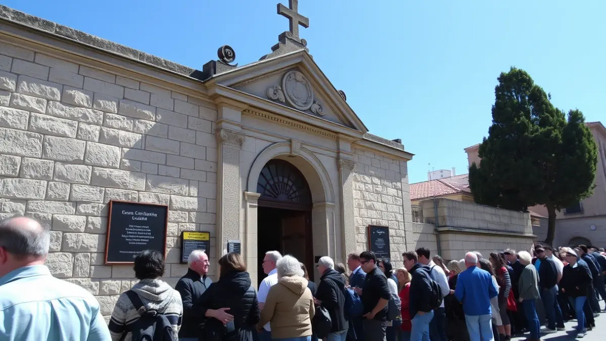 Imagen de una larga cola de personas esperando fuera de un edificio municipal de piedra.