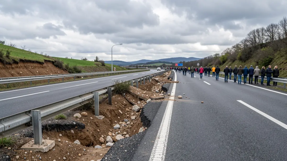 Imaxe dun tramo da autovía A-54 con sinais de desprendemento e danos.
