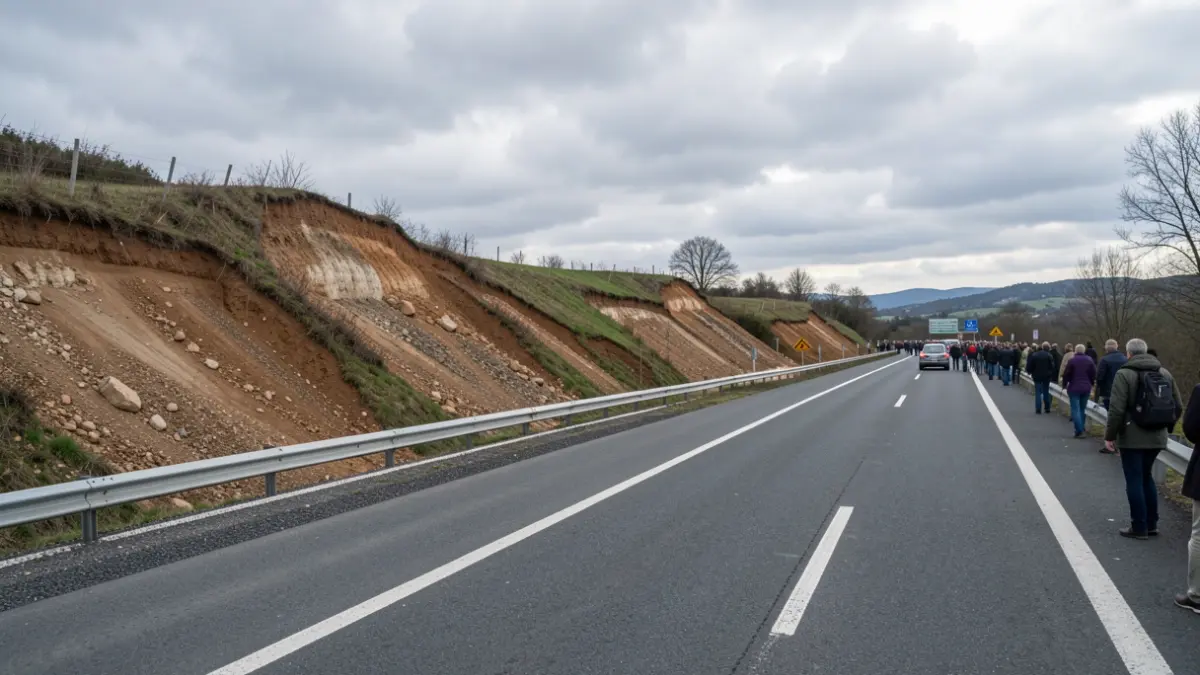 Imaxe dun tramo da autovía A-54 con desprendementos nos taludes.
