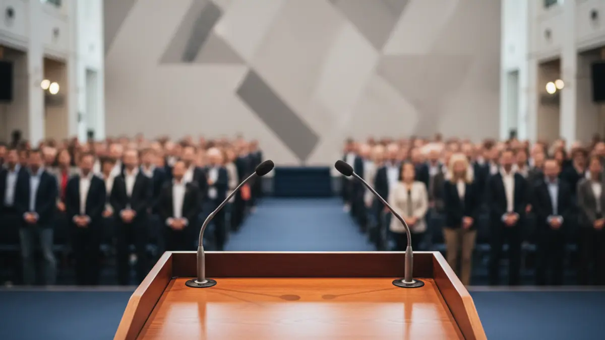 Imaxe xenérica dun micrófono nun podio durante un acto político.