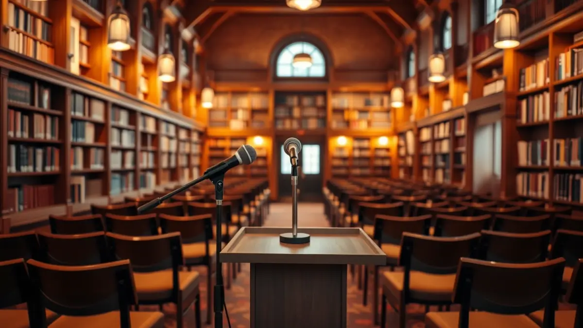 Imagen genérica de un micrófono en un atril en una sala de conferencias o biblioteca.