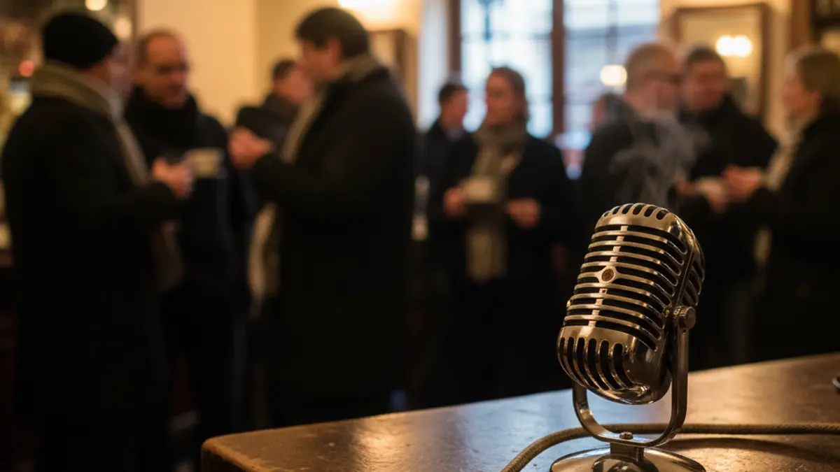 Imagen genérica de un micrófono de radio antiguo en una mesa de madera.