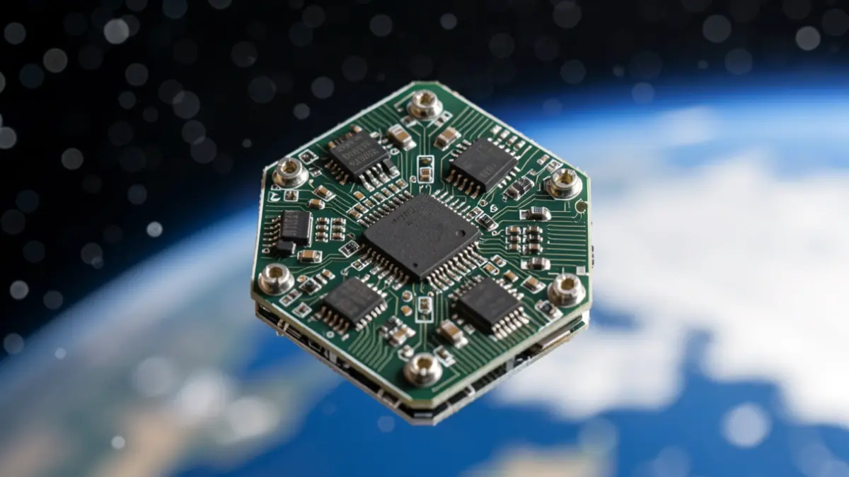 Imaxe dun compoñente de satélite miniaturizado con circuítos complexos, co fondo do ceo estrelado e a Terra.