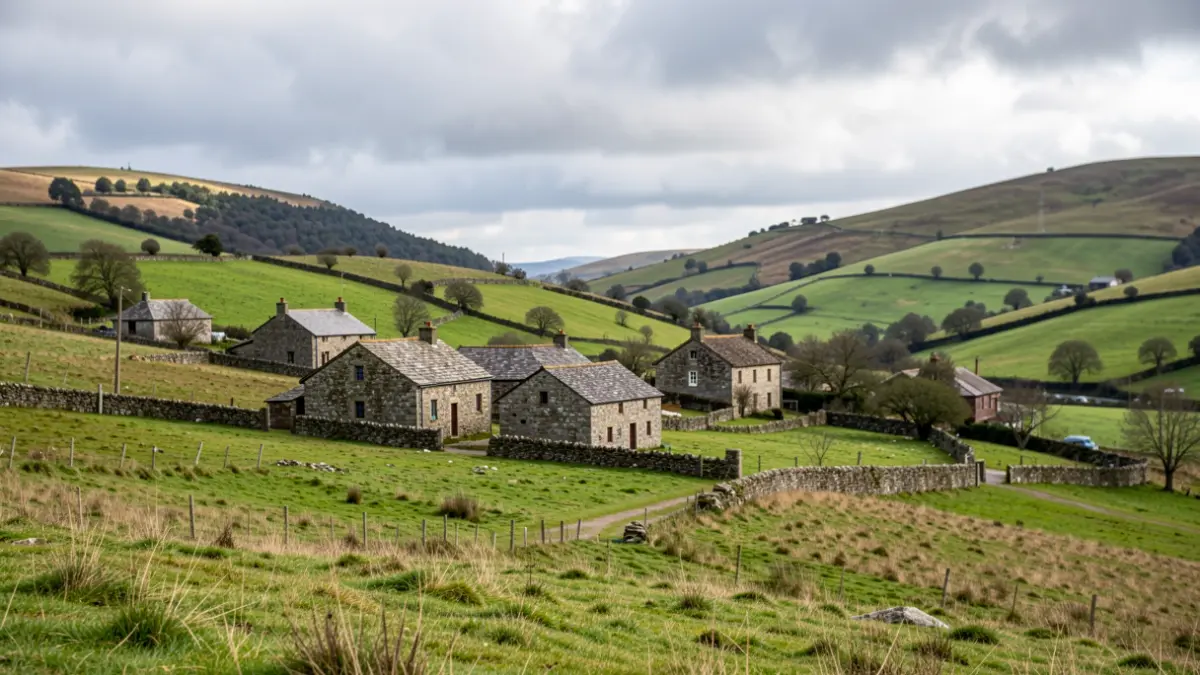 Imagen genérica de un paisaje rural gallego con casas de piedra y colinas verdes bajo un cielo nublado.