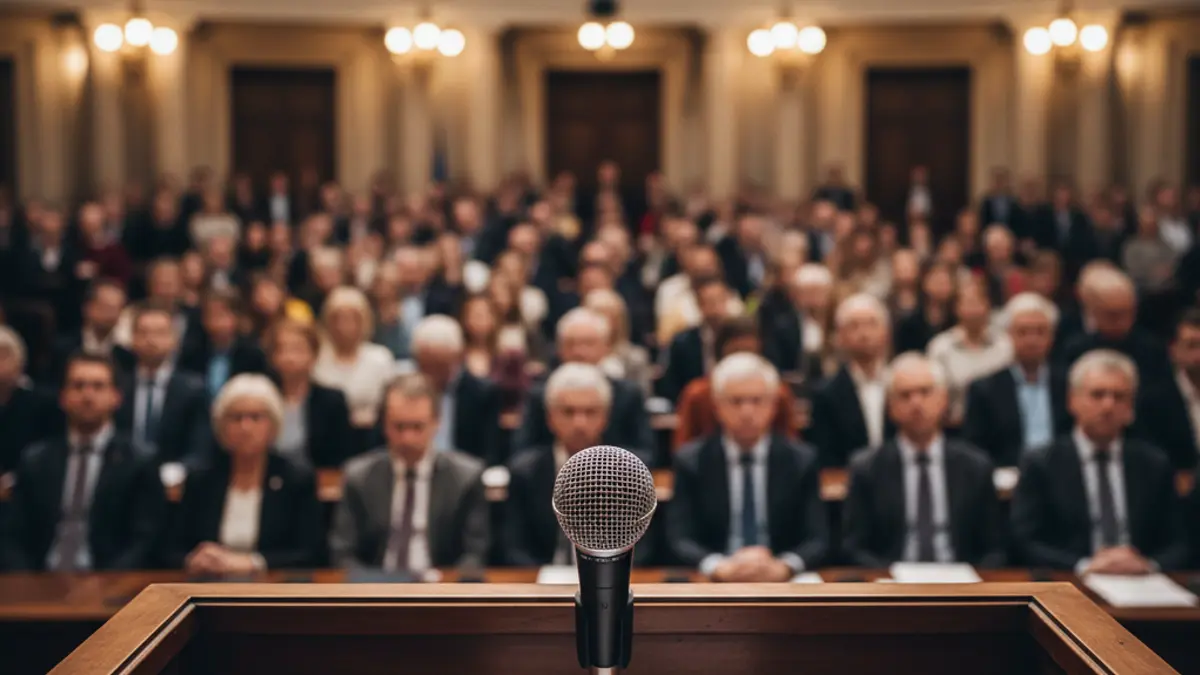 Imaxe xenérica dun micrófono nun podio, representando un debate político.