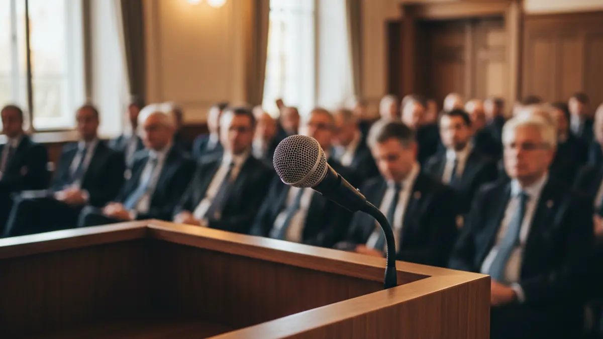 Imaxe xenérica dun micrófono nun podio durante un evento político.