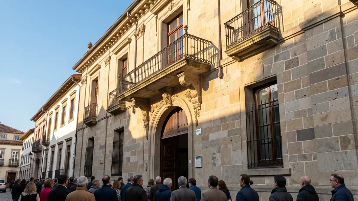 Imaxe xenérica dun concello de pedra galego con balcón ornamentado e raís, luz solar cálida da tarde.