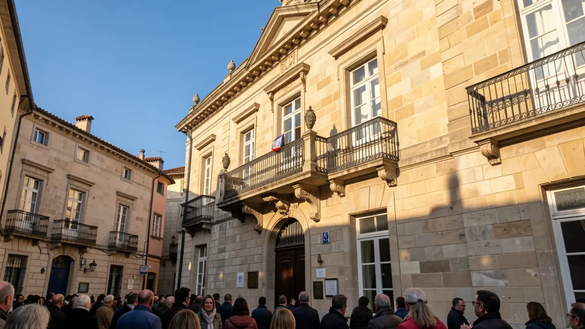 Imaxe xenérica dun concello de pedra galego con balcón ornamentado e raís de ferro, luz solar cálida da tarde.