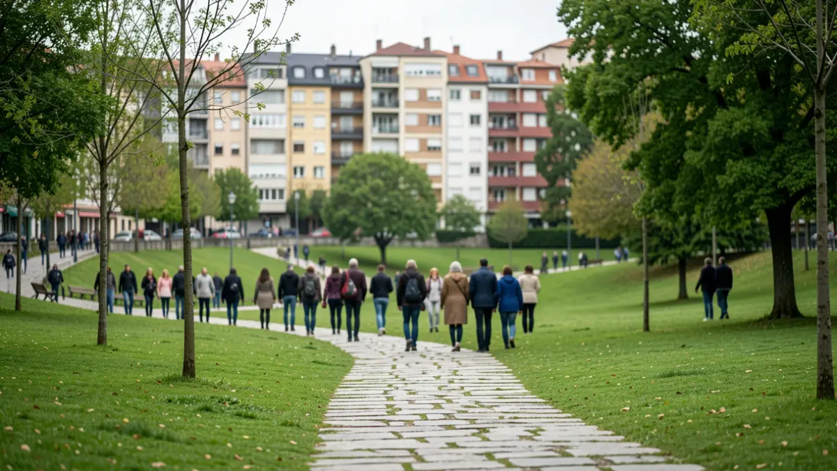 Imagen genérica de un parque urbano con caminos de piedra y zonas verdes.