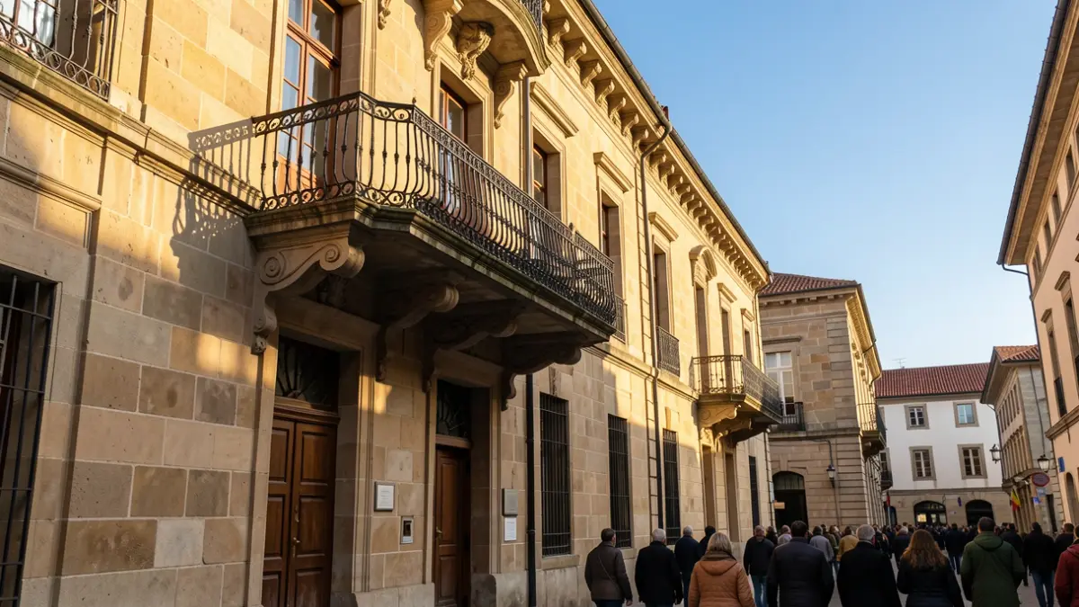 Imagen genérica de un ayuntamiento de piedra gallego con balcón ornamentado y barandillas de hierro, luz solar cálida de la tarde proyectando sombras en las paredes de arenisca, cielo azul, estilo fotográfico documental.