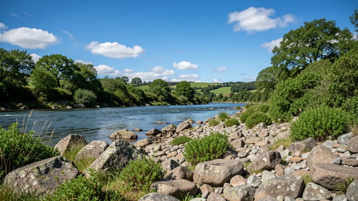 Imaxe xenérica dunha ribeira en Galicia con rochas de granito e vexetación verde.