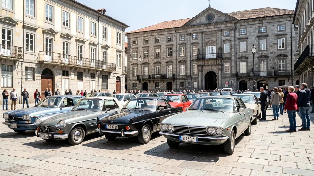 Imaxe xenérica de coches clásicos nunha praza de Ourense.