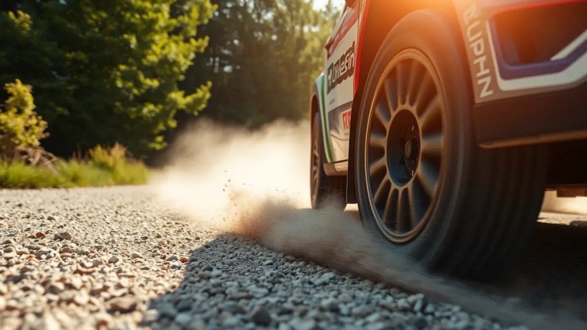 Imaxe xenérica dun coche de rallye en acción nunha pista de terra.