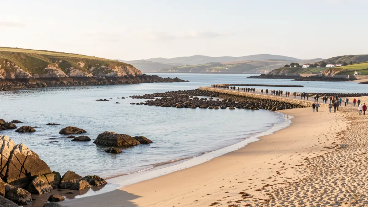 Imaxe xenérica dunha praia galega con paseo marítimo e bateas.