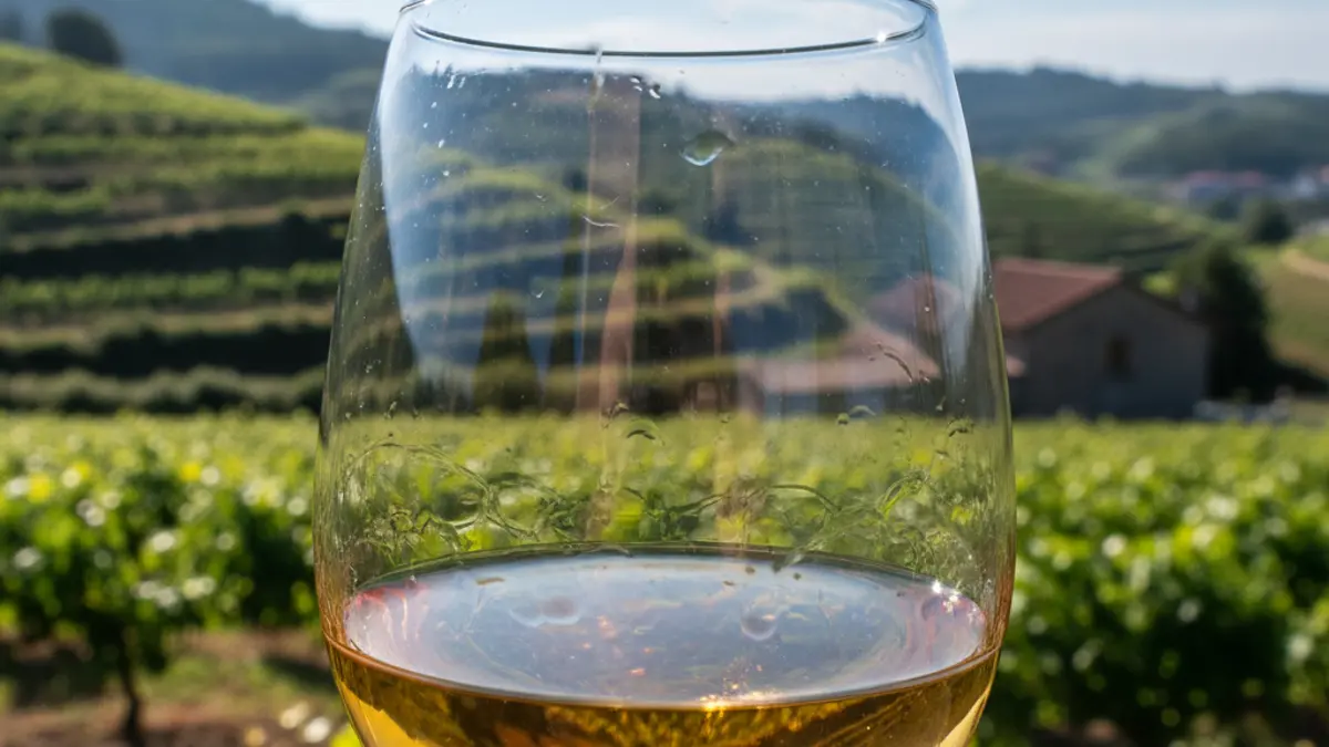 Imaxe xenérica dunha copa de viño Albariño nun viñedo galego.
