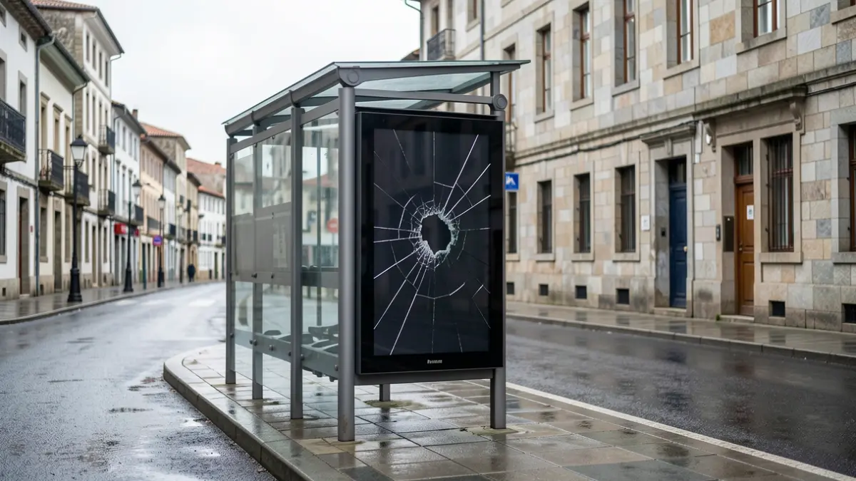 Imaxe dunha parada de autobús baleira e mollada en Ourense con paneis informativos rotos.