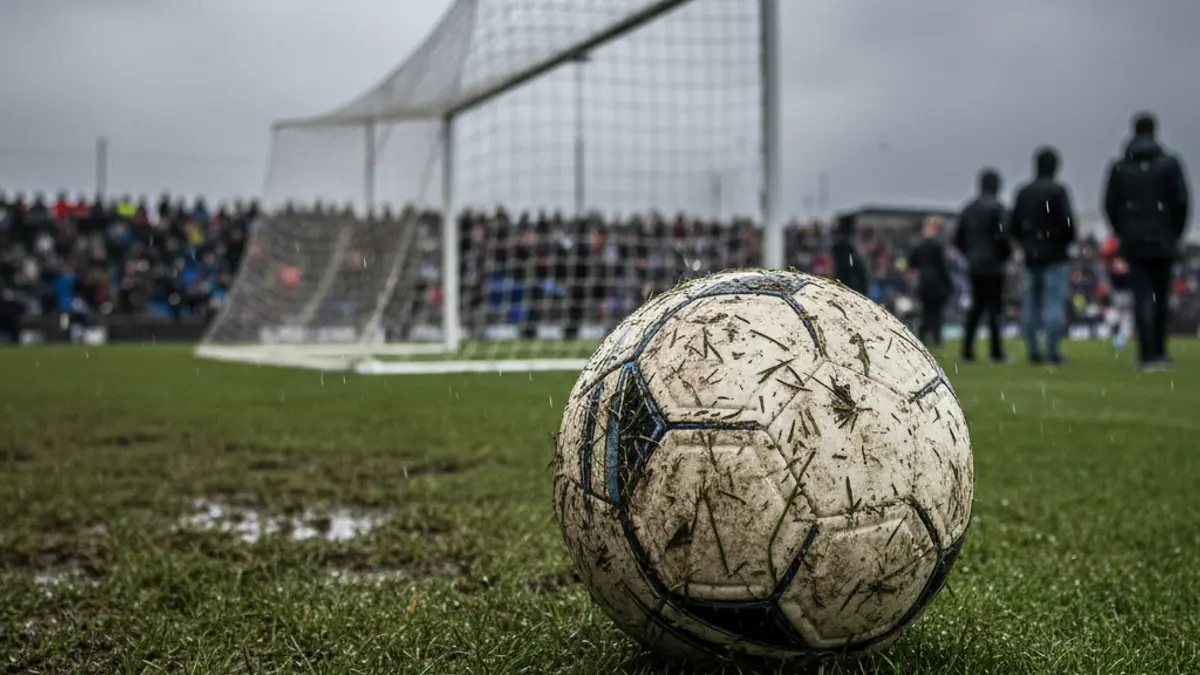 Imaxe xenérica dun balón de fútbol sobre herba mollada tras un partido.