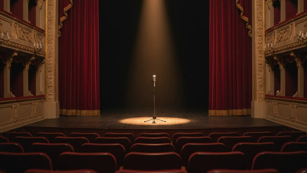 Imaxe xenérica dun escenario de teatro con cortinas vermellas e un micrófono.