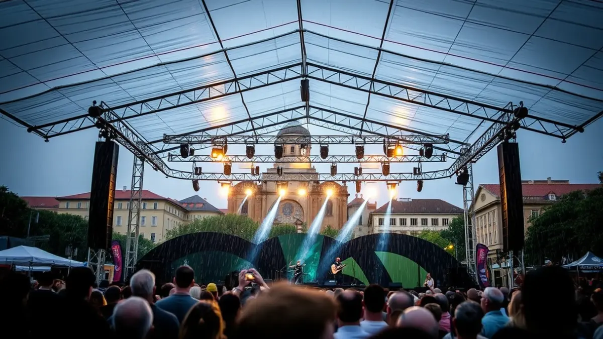 Imaxe dun escenario de festival ao aire libre con cuberta temporal e público borroso.