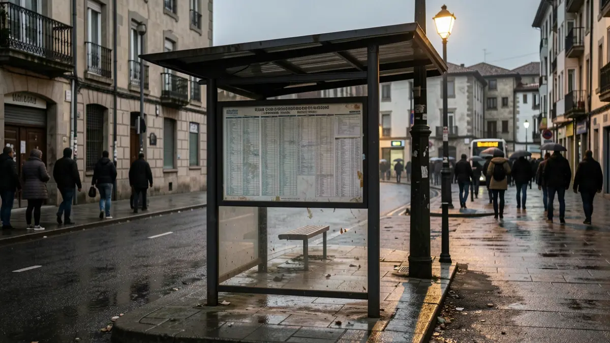 Imaxe dunha parada de autobús baleira en Ourense.