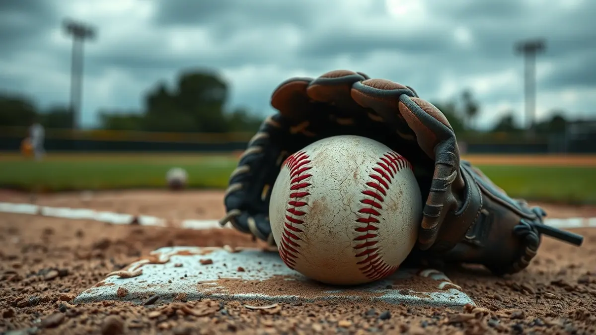 Imaxe xenérica dun guante e unha pelota de béisbol nun campo.