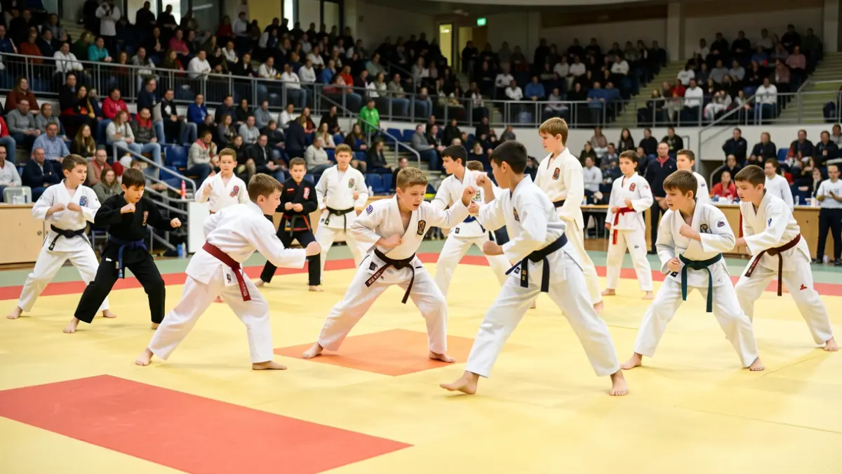 Imaxe xenérica de moitos nenos practicando judo en colchonetas nun pavillón deportivo.