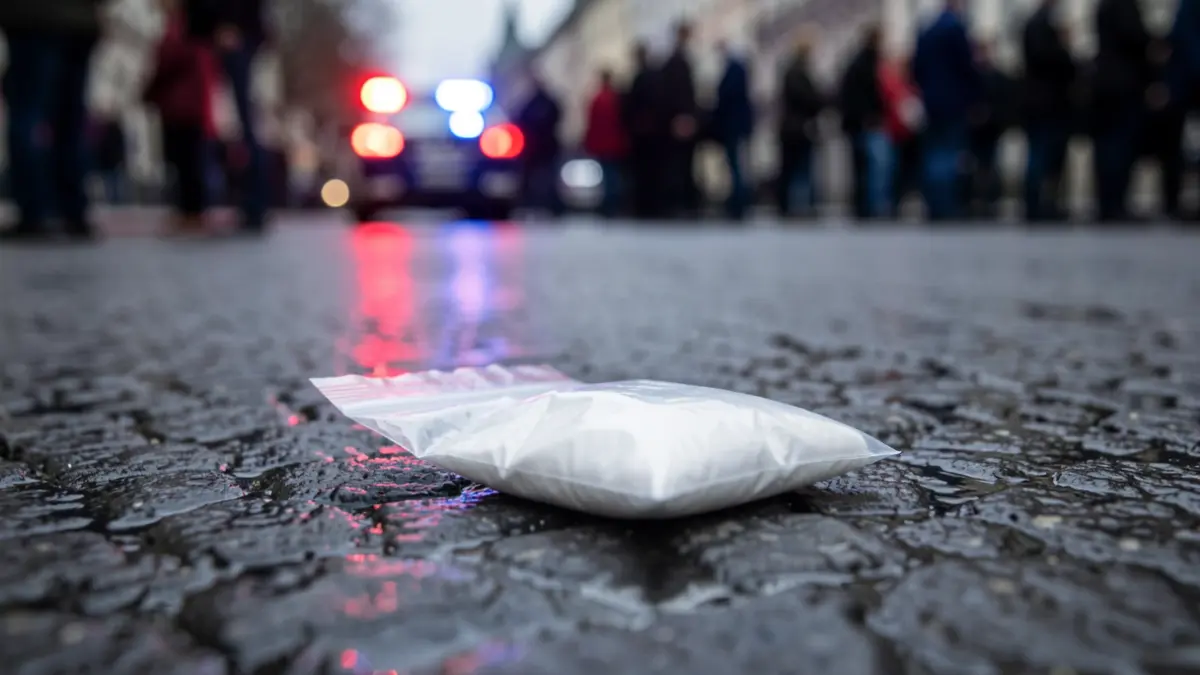 Primer plano de una pequeña bolsa de plástico transparente con polvo blanco sobre asfalto mojado con luces de emergencia azules y rojas.