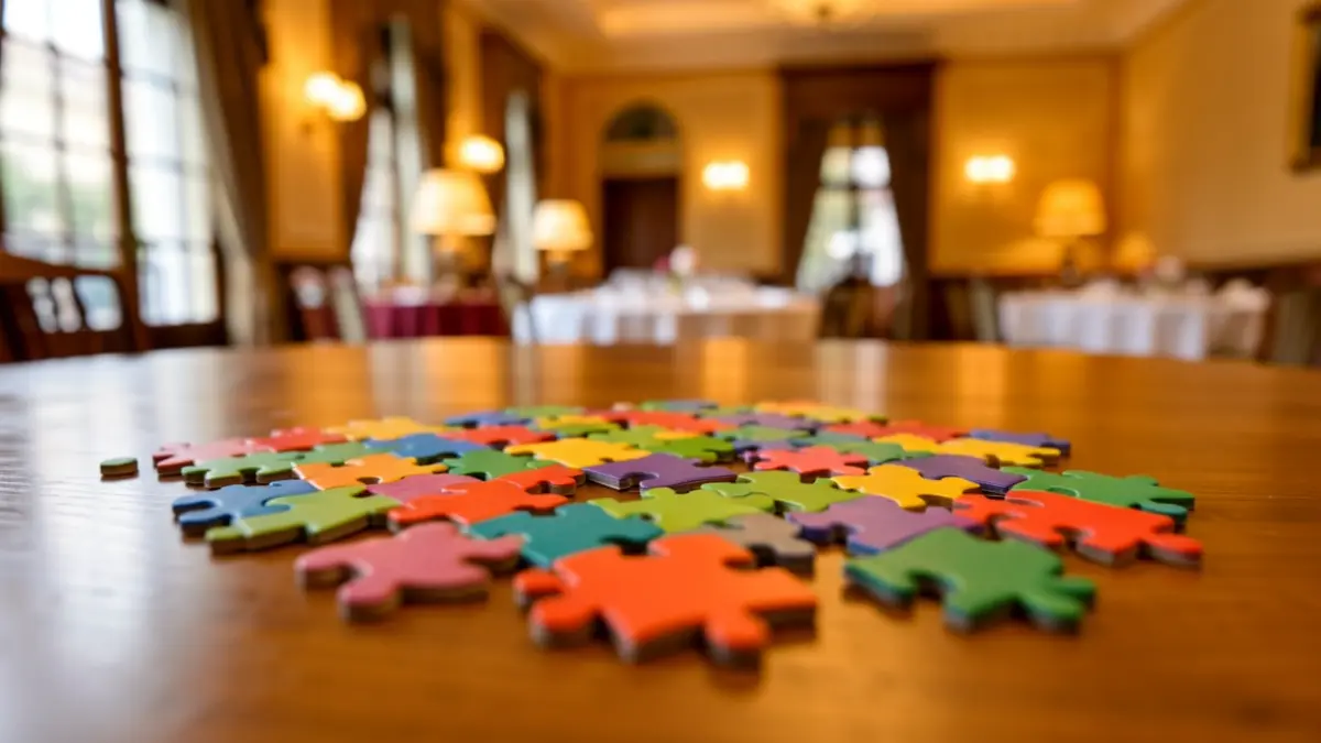 Imaxe xenérica de pezas de puzzle de cores sendo montadas nunha mesa de madeira.