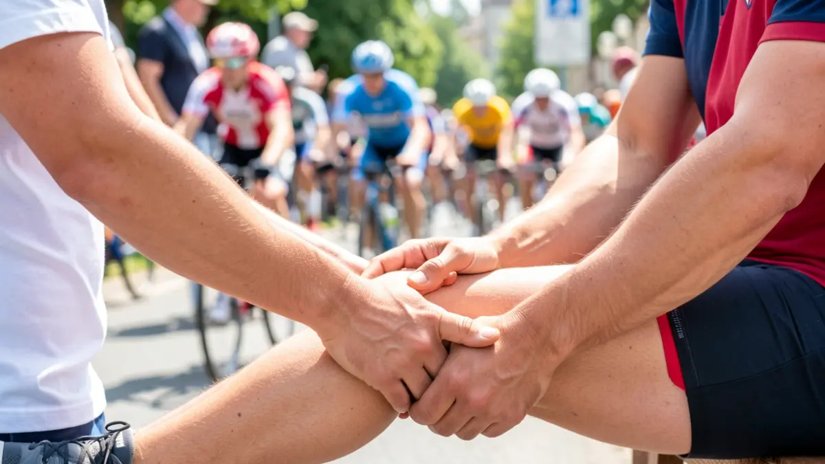 Primeira plana dun profesional médico atendendo a un ciclista durante unha carreira en Ourense.