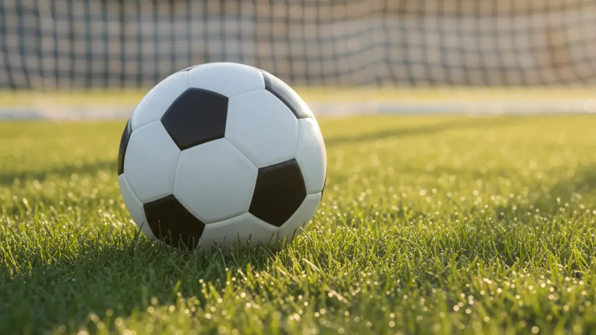Imaxe xenérica dun balón de fútbol sobre o céspede, coa portería ao fondo.