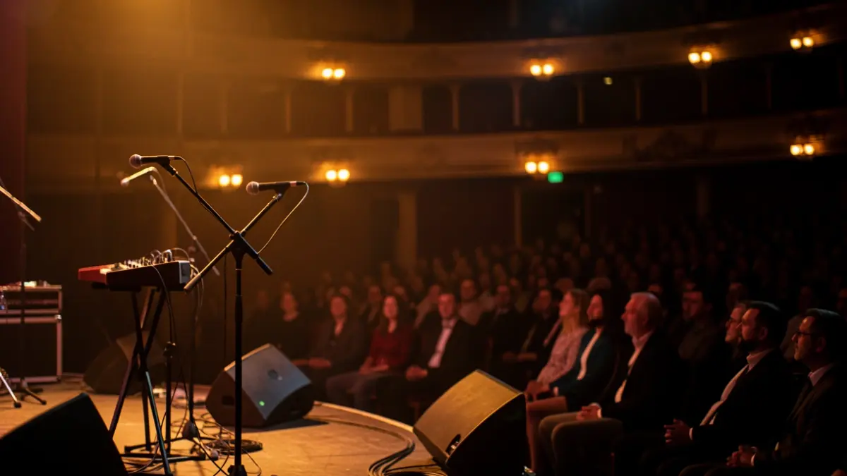 Imaxe xenérica dunha sala de concertos con escenario e público difuminado.