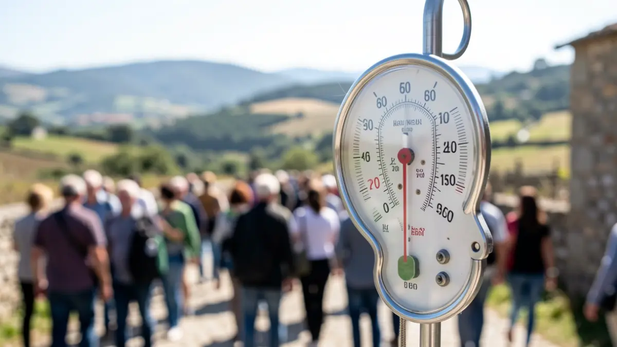 Imaxe xenérica dun termómetro mostrando altas temperaturas cun fondo paisaxístico galego.