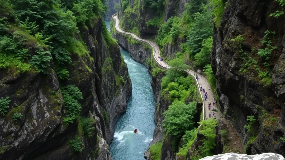 Imaxe dunha zona de difícil acceso nun barranco fluvial, suxerindo un rescate complicado.