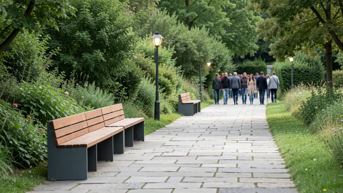 Imagen de un paseo peatonal en una zona verde con mobiliario urbano.