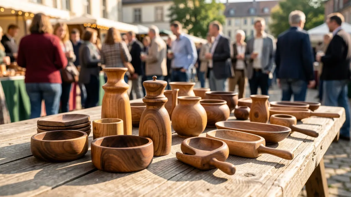 Postos de artesanía nun festival ao aire libre.