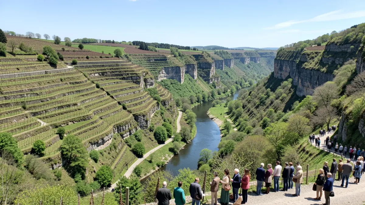 Imaxe panorámica do canón do río Sil en Galicia, con viñedos en socalcos nas ladeiras e o río serpenteando.