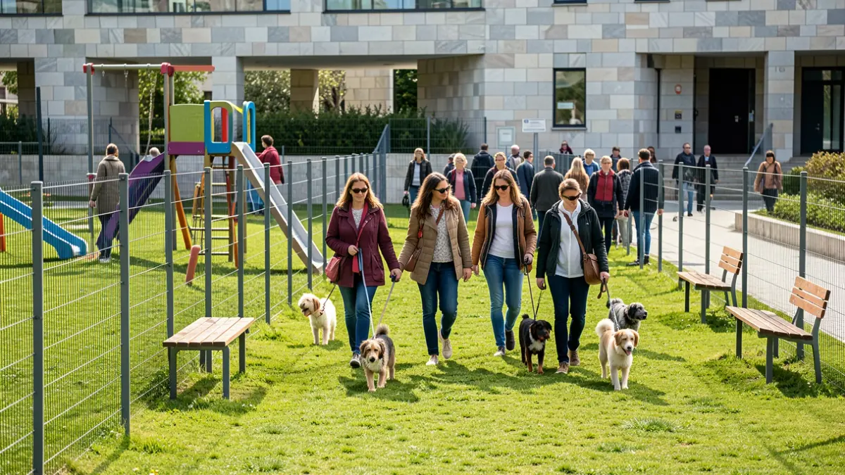 Imaxe xenérica dun parque canino moderno en Galicia con xente paseando cans.