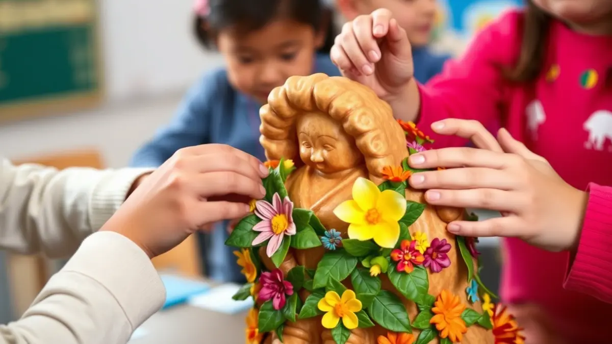Imaxe xenérica de mans de nenos decorando unha escultura de maio con follas e flores.