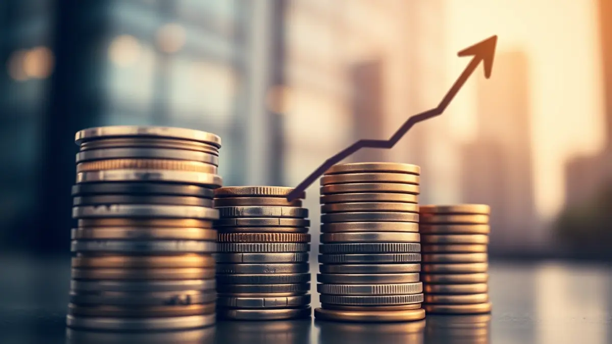 Imaxe xenérica de moedas e un gráfico que simbolizan o aumento salarial.
