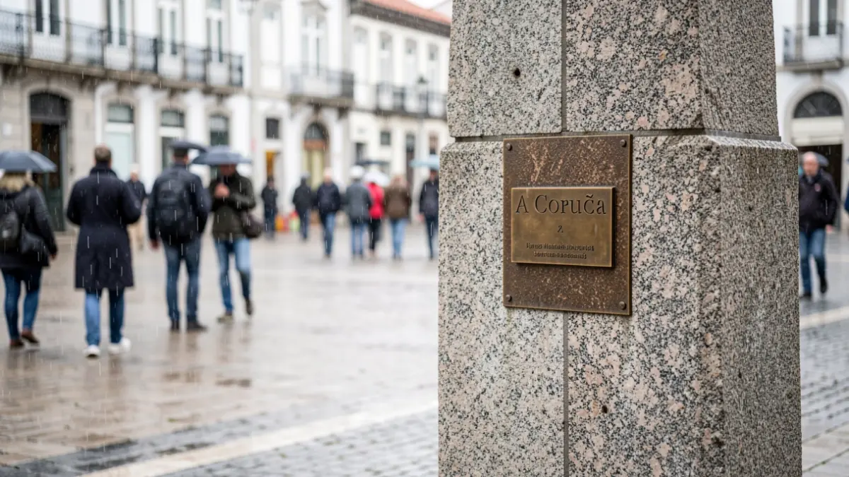 Monolito de granito con placa de bronce en una plaza pública de A Coruña, bajo una ligera llovizna.