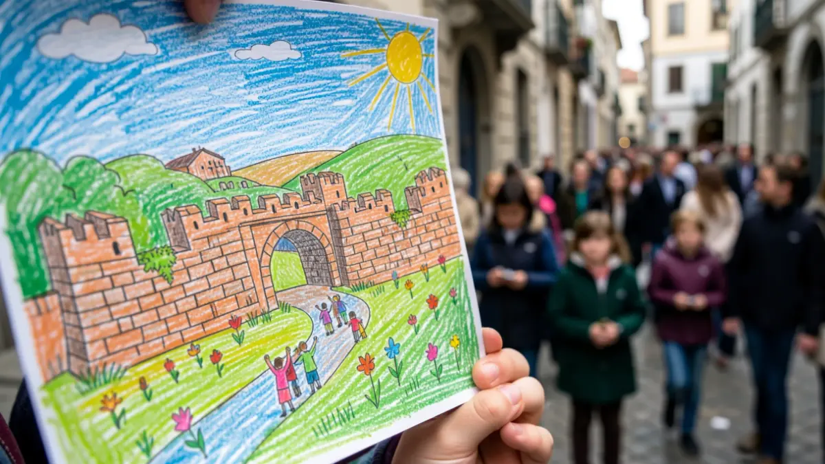 Imagen de un dibujo infantil que representa la Muralla de Lugo como símbolo de paz y unidad.