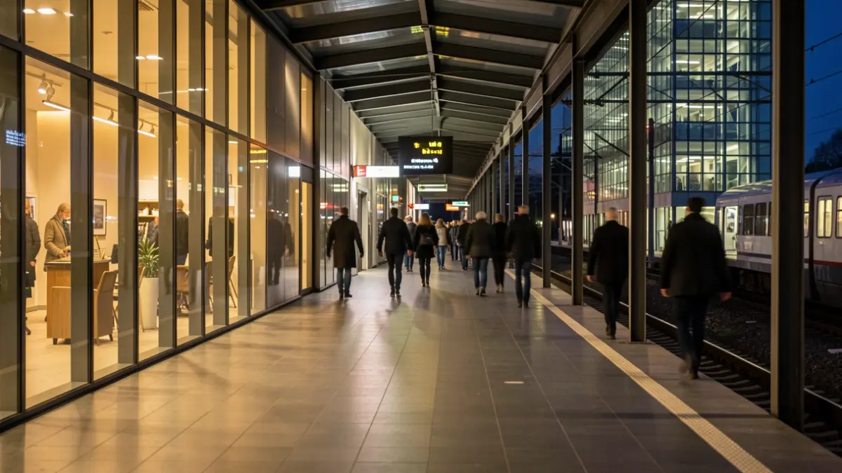 Imaxe da estación intermodal de Santiago de Compostela durante a noite.