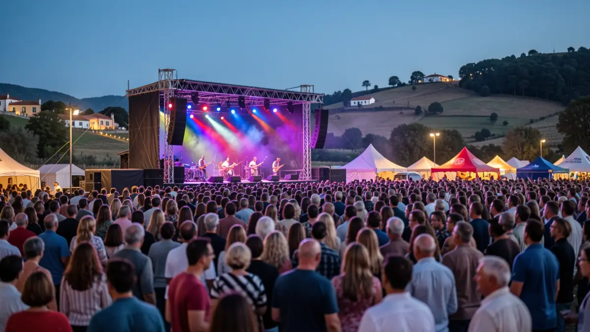 Imaxe dun festival de música ao aire libre con público e escenario iluminado.