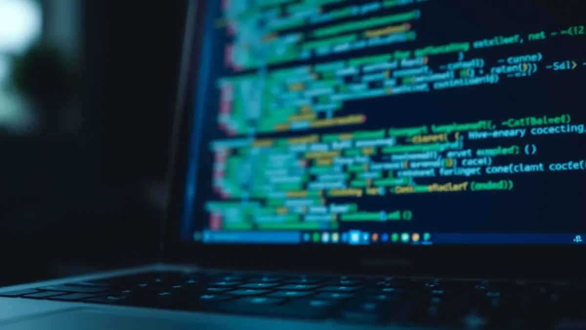 Imaxe xenérica dun teclado de portátil con código borroso na pantalla, representando ciberseguridade.