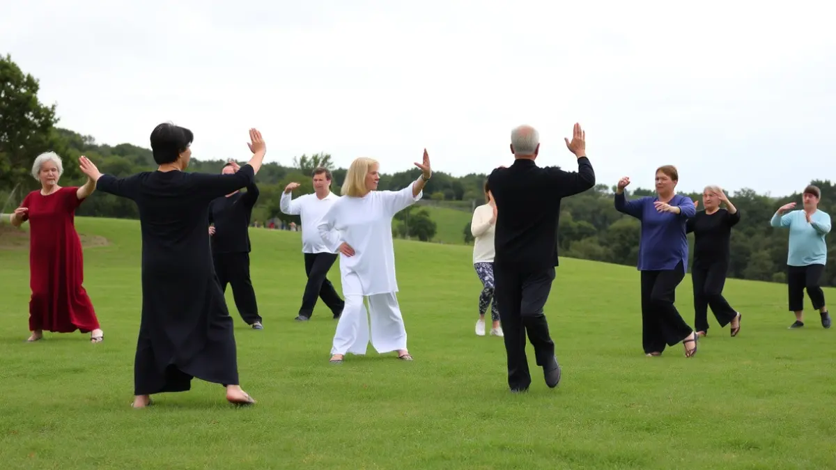 Imaxe xenérica de persoas practicando taichi nun espazo aberto.