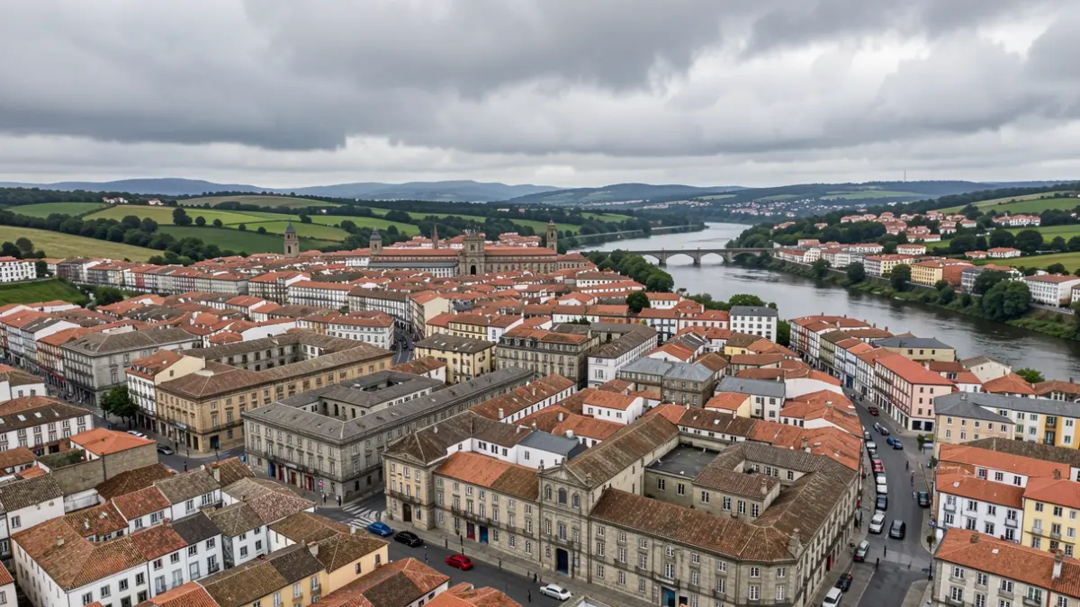 Vista aérea de la ciudad de Ourense, Galicia, bajo un cielo nublado.